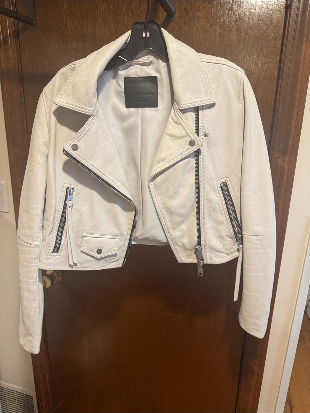 All Saints Cream White Leather Moto Jacket